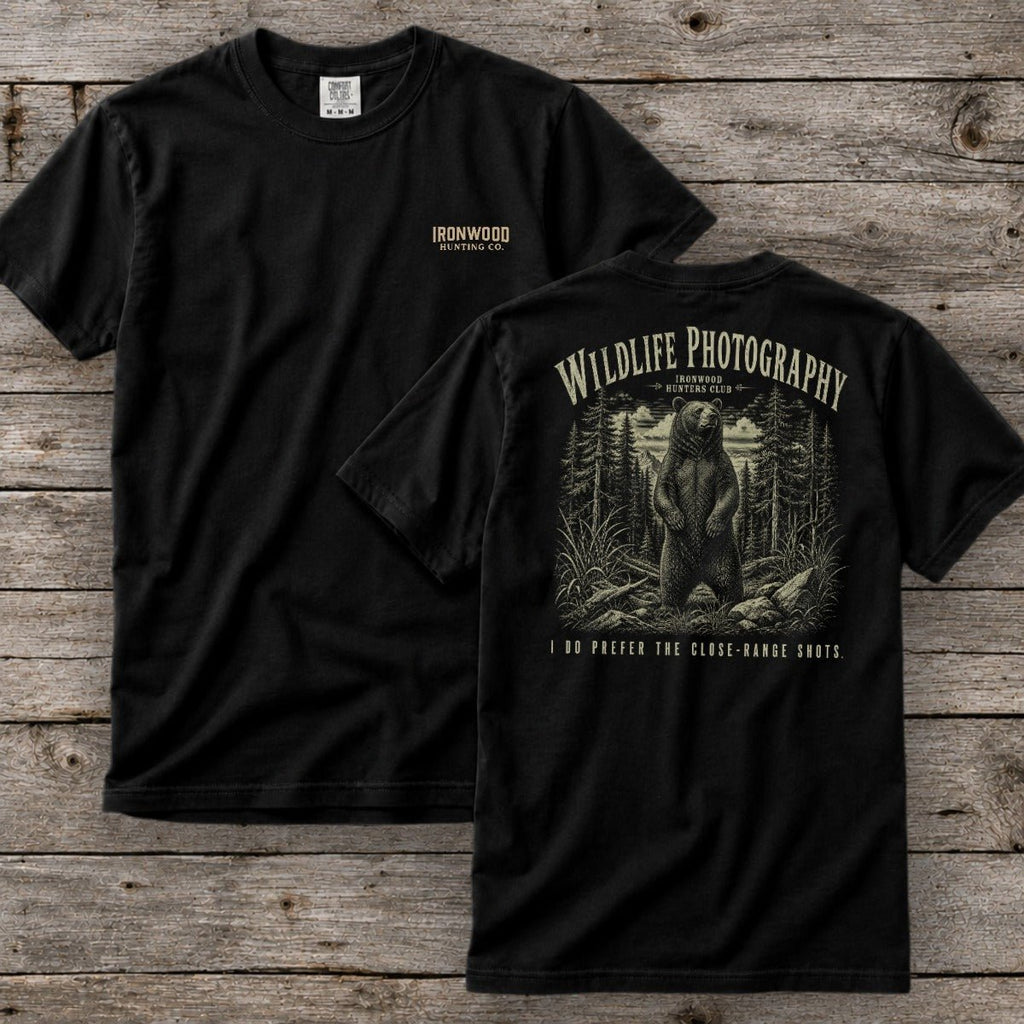 Wildlife Photography T-Shirt | Ironwood Hunters Club | Funny Bear Hunting Tee for Men