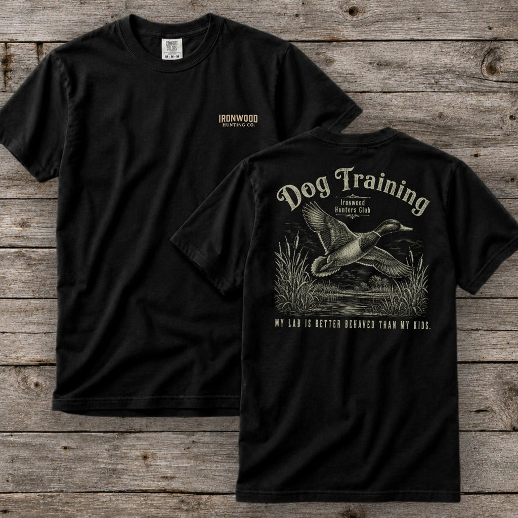 Dog Training T-Shirt | Ironwood Hunters Club | Funny Duck Hunting Lab Tee for Men