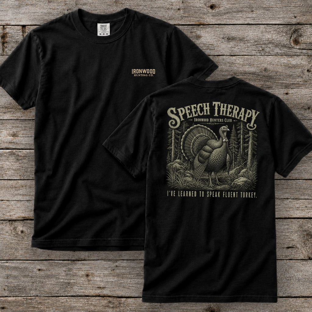 Speech Therapy T-Shirt | Ironwood Hunters Club | Funny Turkey Hunting Tee for Men
