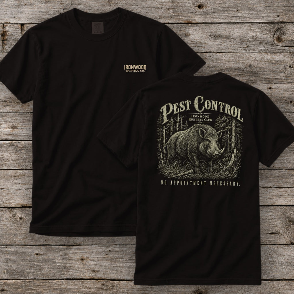 Pest Control T-Shirt | Ironwood Hunters Club | Funny Hog Hunting Tee for Men