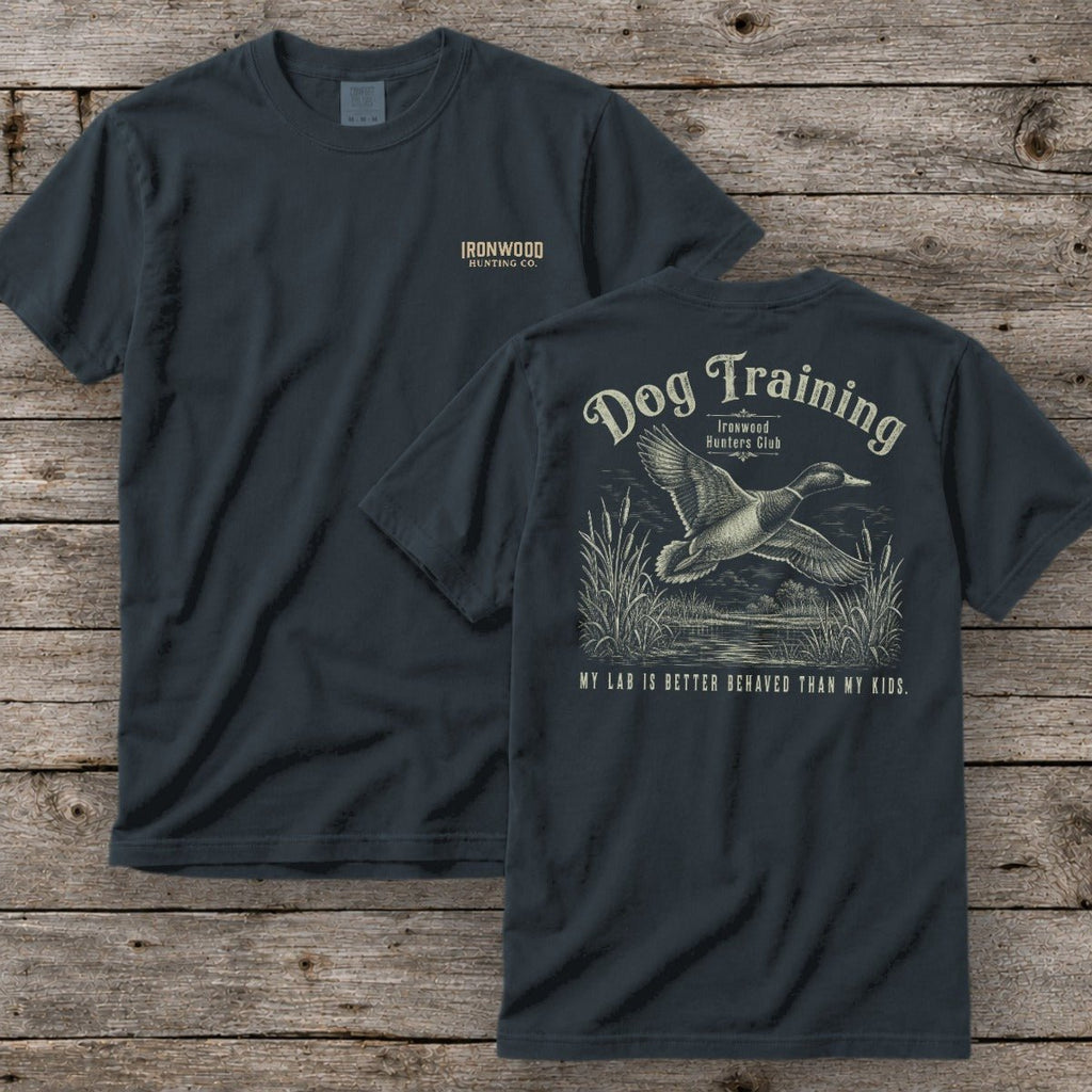 Dog Training T-Shirt | Ironwood Hunters Club | Funny Duck Hunting Lab Tee for Men