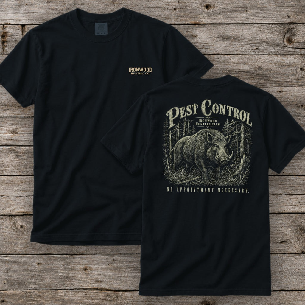 Pest Control T-Shirt | Ironwood Hunters Club | Funny Hog Hunting Tee for Men