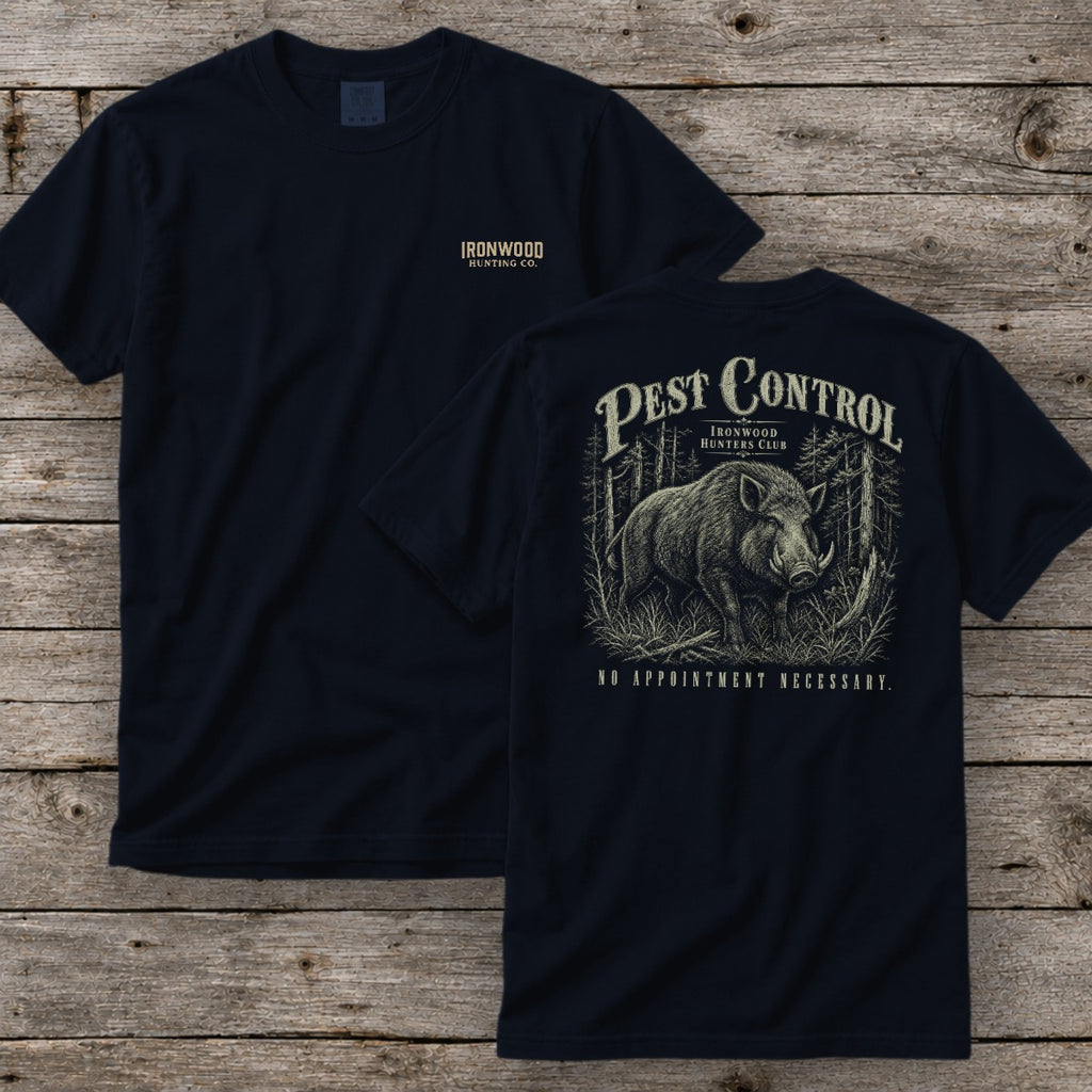Pest Control T-Shirt | Ironwood Hunters Club | Funny Hog Hunting Tee for Men