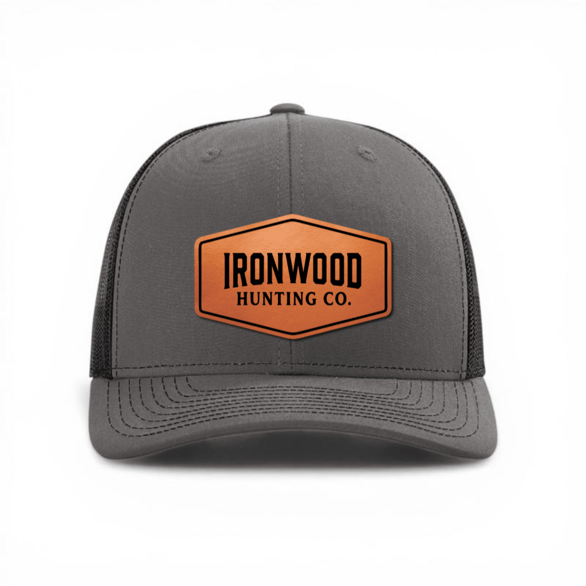 Gray cap with a brown leather patch featuring a logo and text on a white background